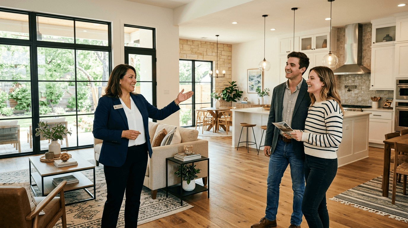 Real estate agent showing a couple around the living room of a home